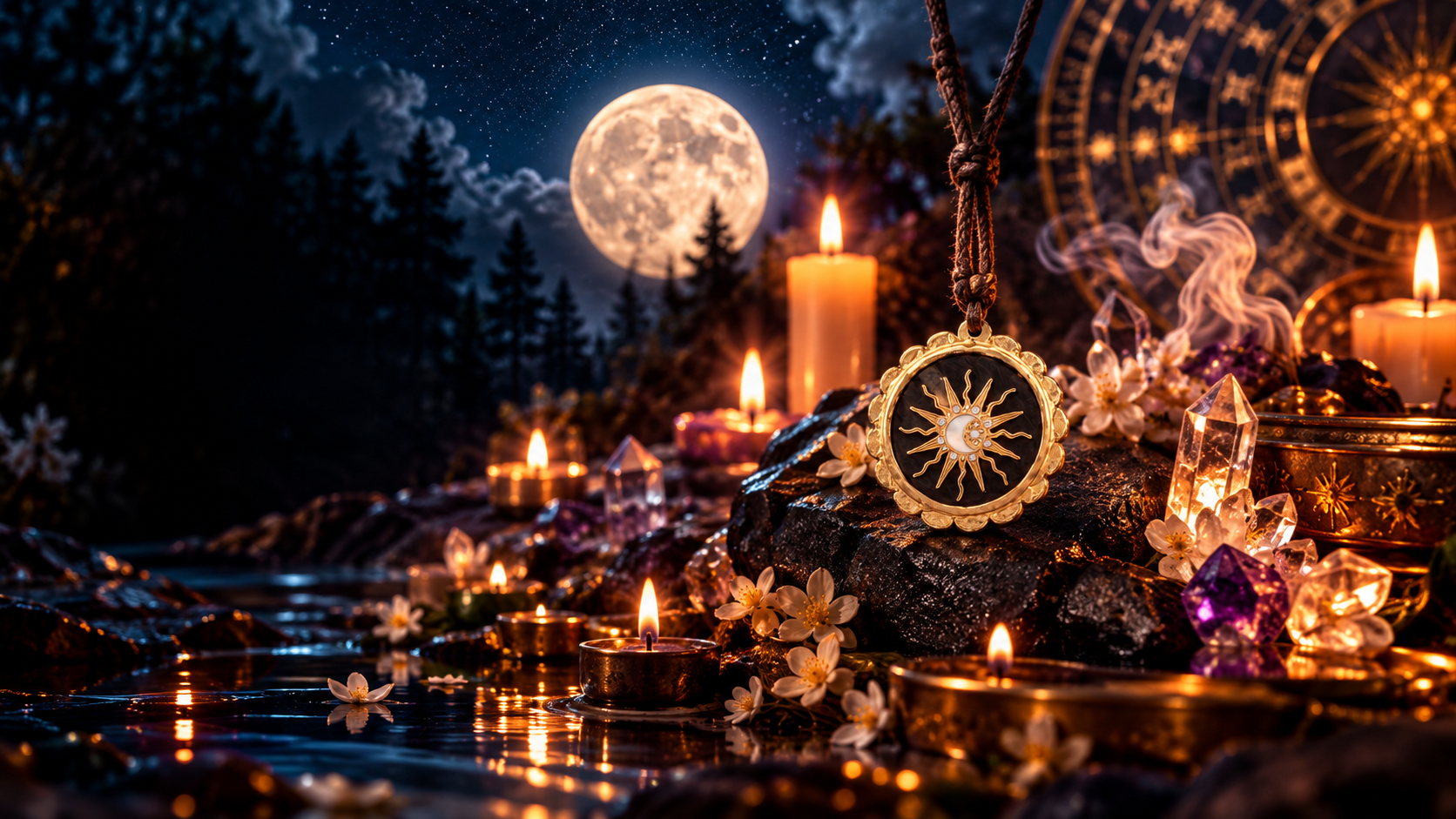 Amuleto Soluna dorato sotto la luna piena, tra candele e cristalli